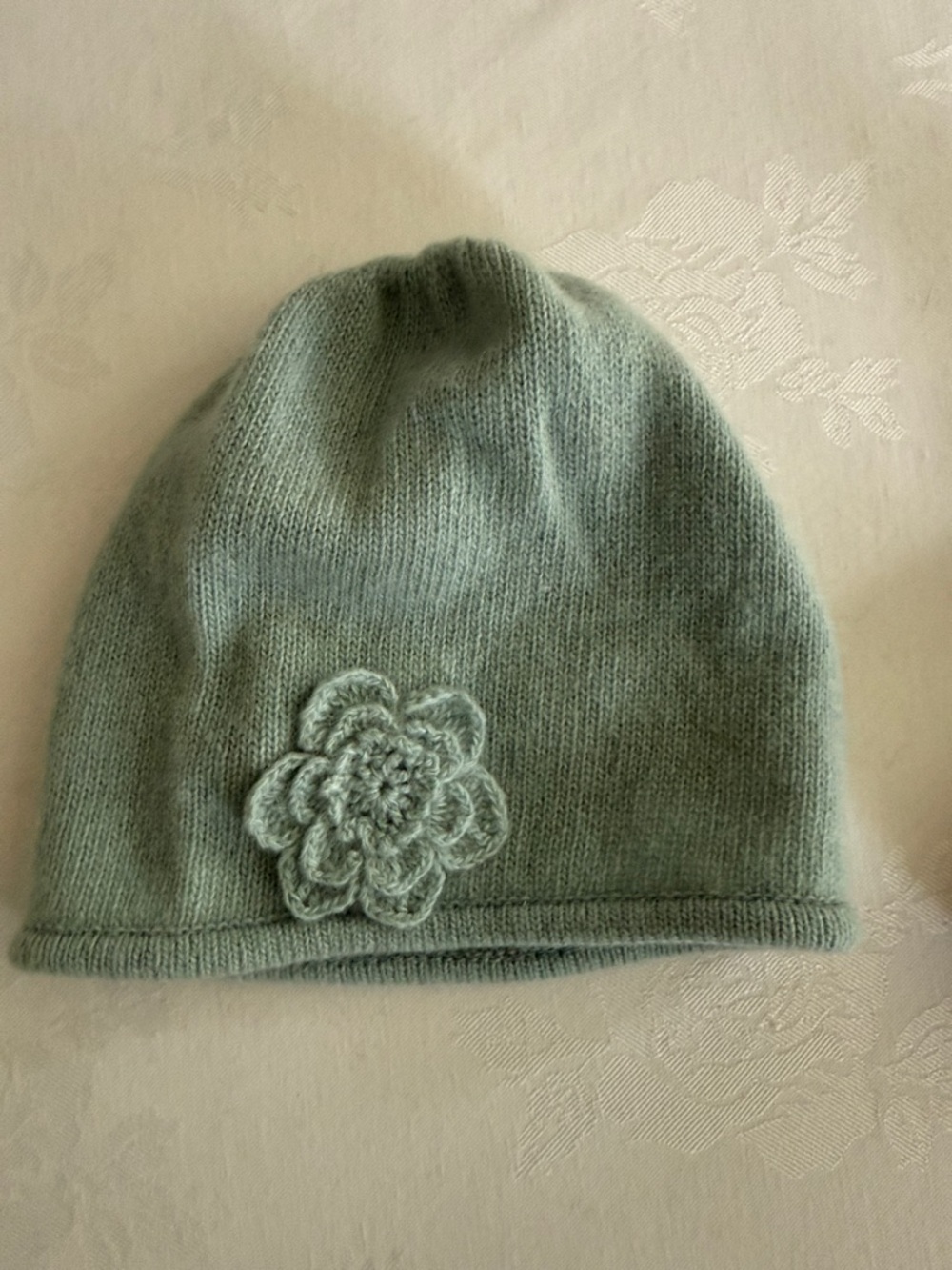 100% cashmere Soft Knit Women's Beanie with Floral Applique - Sage Green